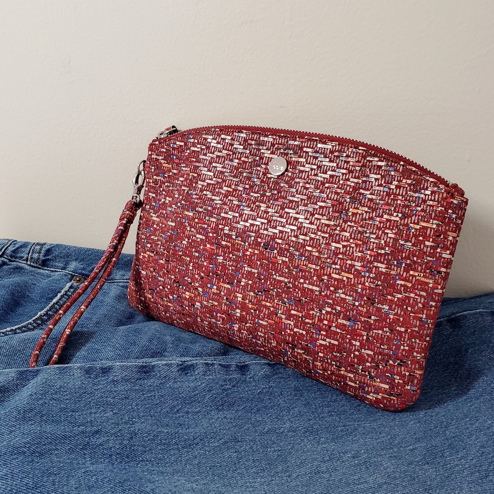 Lodis Printed Suede Large Wrislet Cutch Bag - Brick Red Tweetable Tweed